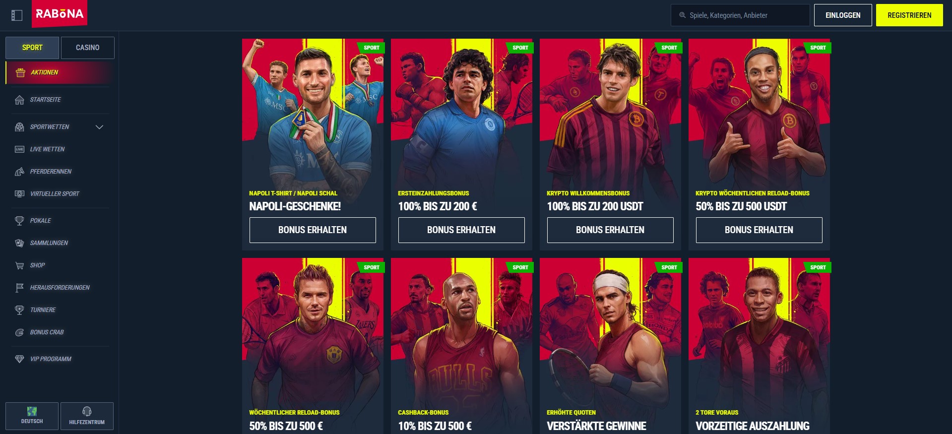 Rabona Sportwetten Plattform mit deutschen Bonusangeboten wie 100% bis zu 200 €, wöchentliche 50% Boni und verstärkte Gewinne für Online Casino und Sportwetten Fans.