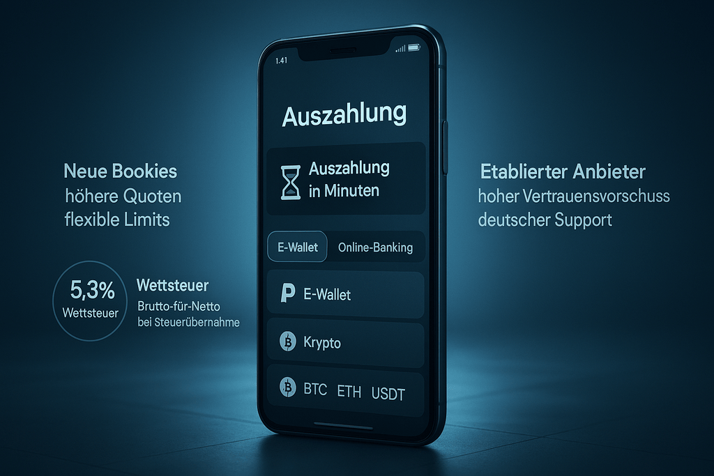 Smartphone mit Auszahlungsbildschirm „in Minuten“, darunter Tabs für E-Wallet, Trustly-Stil und Krypto (BTC, ETH, USDT); Badge „5,3 % Wettsteuer“ und Hinweis „Brutto-für-Netto“; Fokus auf neue wettanbieter und schnelle Auszahlungen.